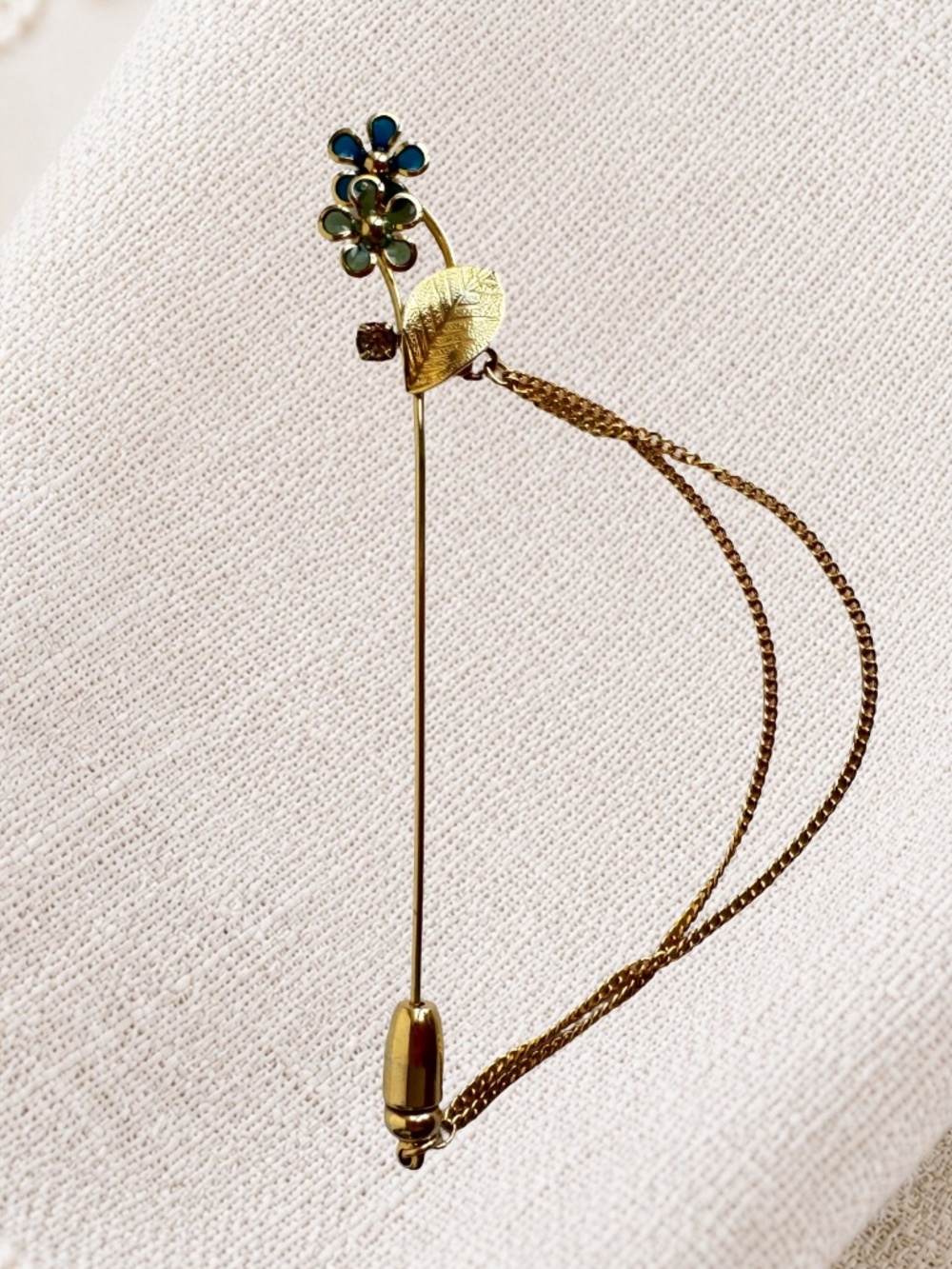 Enamel Flower Stick Pin Gold Tone Blue Green Safety Chain Lapel Hat Pin Vintage
